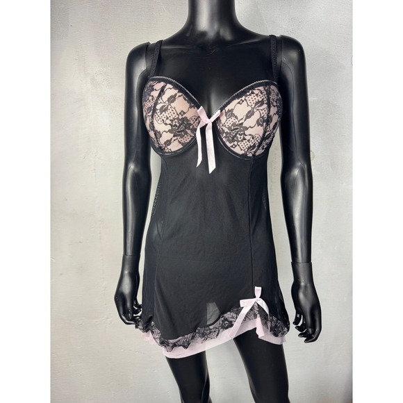 Per lei Black & Pink Lace Babydoll Lingerie Nightie XL Extra Large - Picture 1 of 9